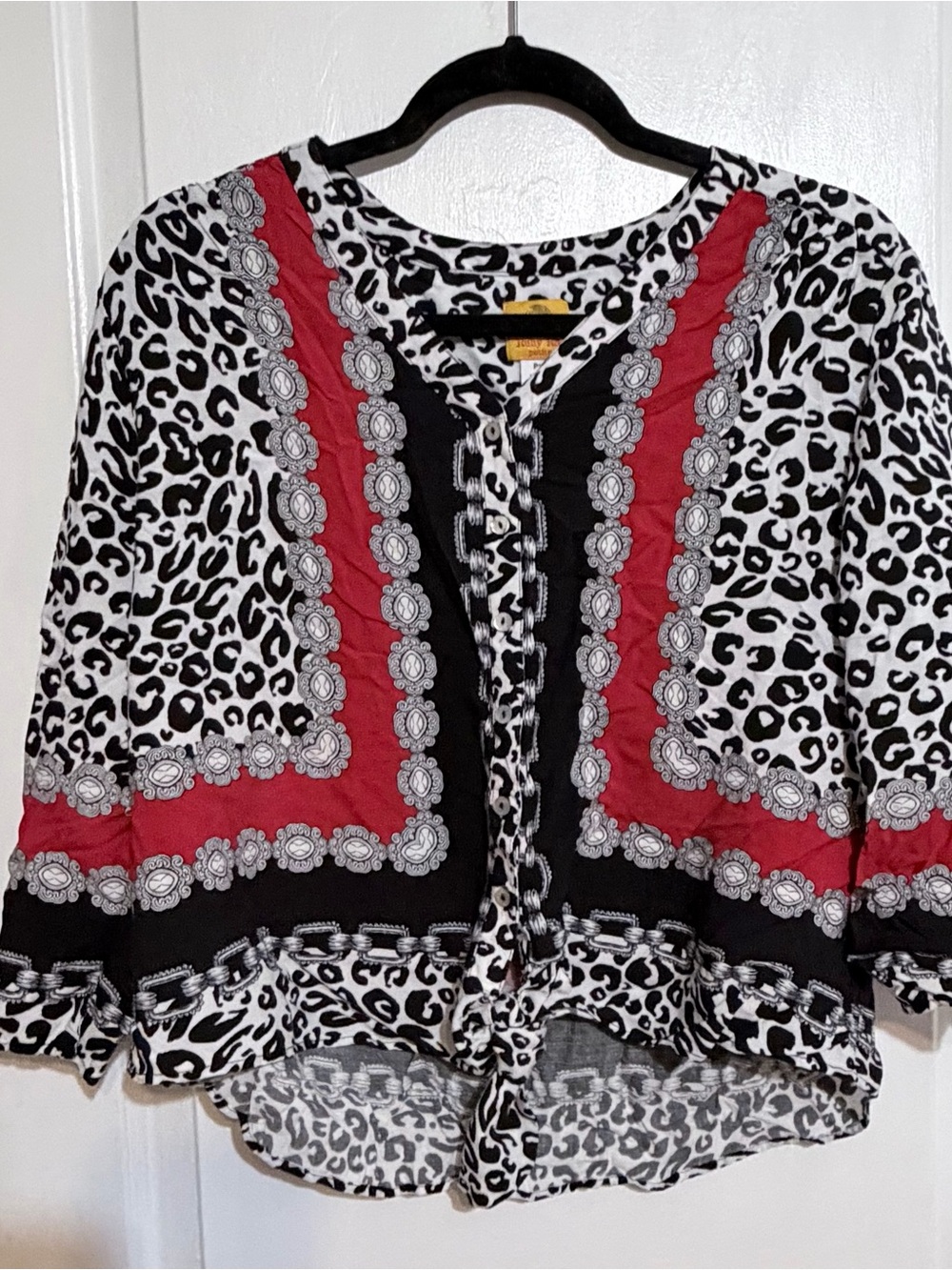 Ruby Rd. Black & White Leopard Blouse with Red Border mother pearl buttons